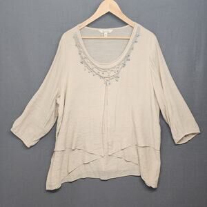 Krazy Kat Womens Top XXL Beige Blouse Scoop Beaded Neckline Lagenlook Boho